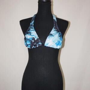 Lilu halter bikini top featuring a blue and white palm tree print